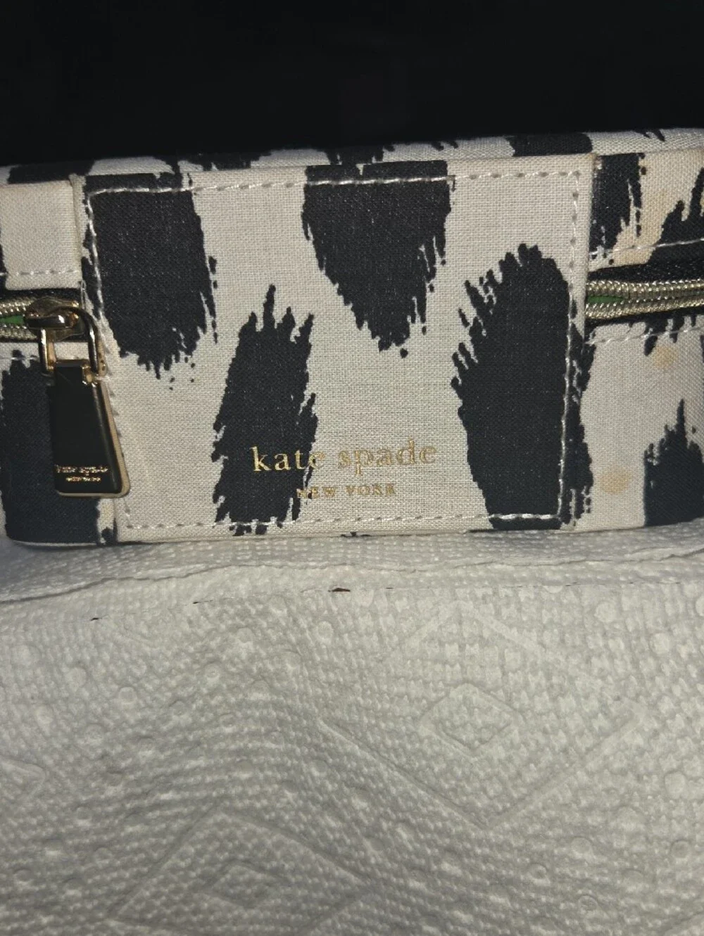 kate spade Black & White Patterned Travel Jewelry Case with Green Interior